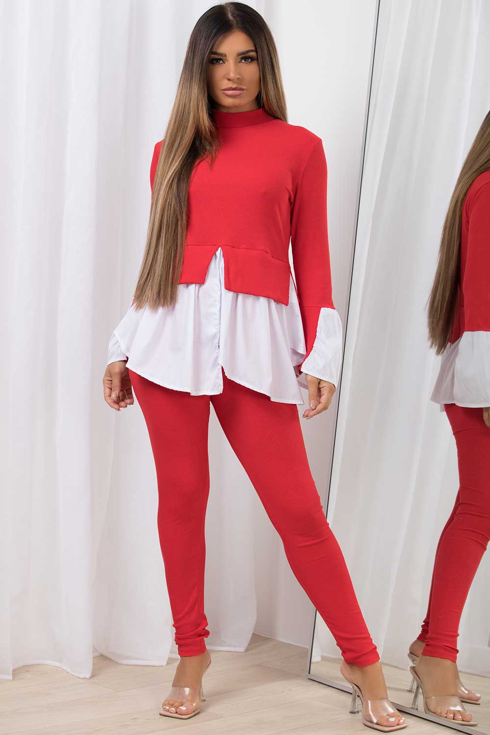 Women s Frill Hem Jumper Shirt Co Ord Set Red Two Piece Outfit