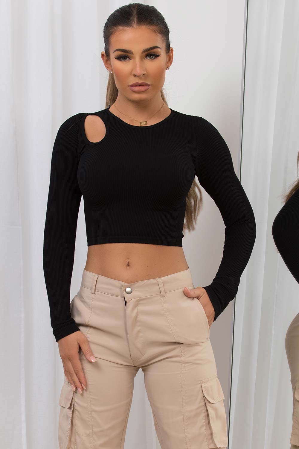 cut out ribbed long sleeve crop top black