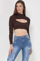 keyhole ribbed crop top long sleeve chocolate brown