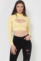 front cut out ribbed long sleeve crop top yellow
