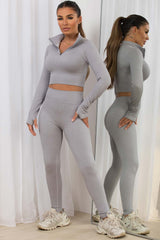 grey ribbed gym wear co ord set with half zip