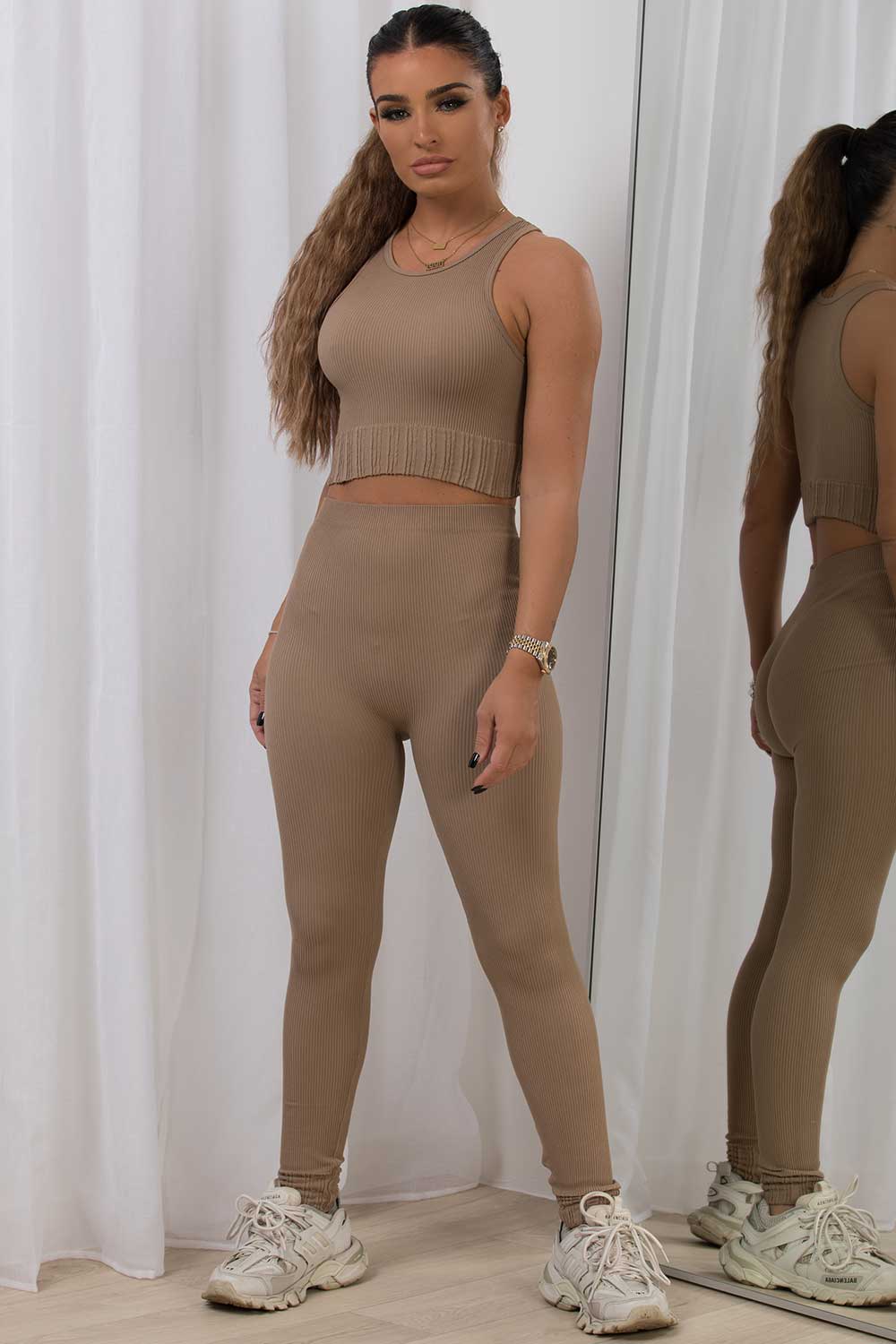 Women's Gym Set Ribbed Co Ord Beige –