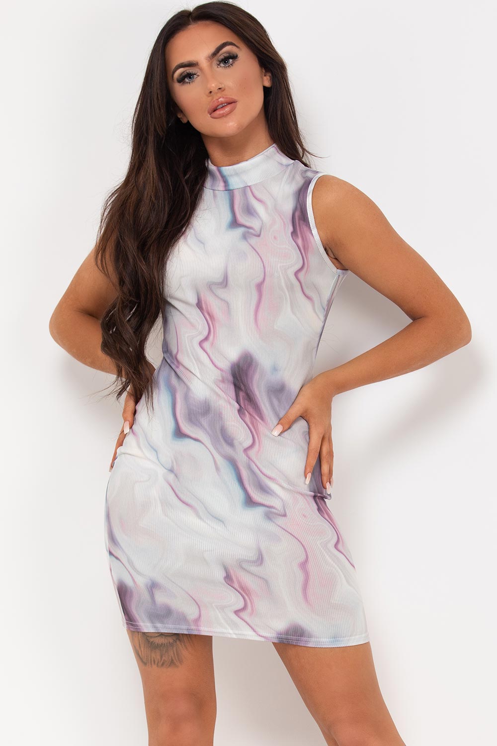 marble print sleeveless bodycon mini dress lilac