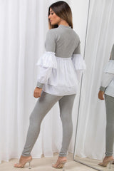 ribbed peplum frill hem jumper shirt and leggings co ord loungewear set grey womens uk