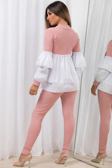 frill peplum ribbed top and leggings co ord set
