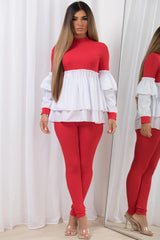 frill peplum ribbed jumper shirt and leggings co ord lounge set