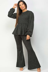 ribbed peplum long sleeve top and wide leg trousers set 