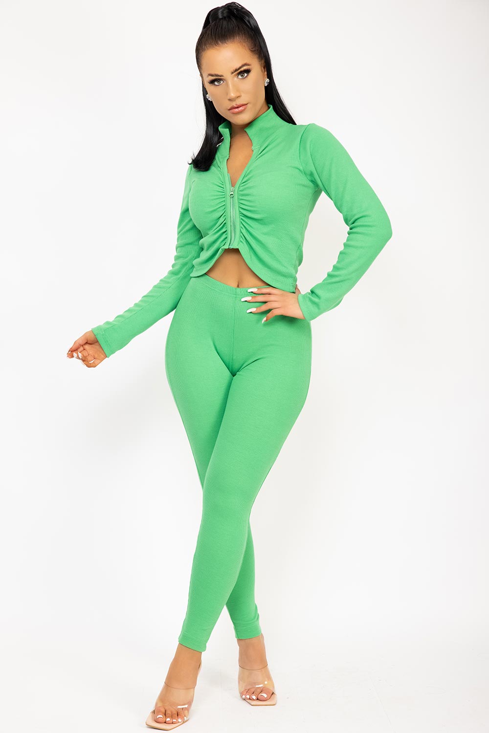 green two piece set with ruched zip front