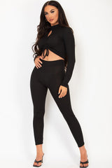 black ruched ribbed two piece loungewear set womens