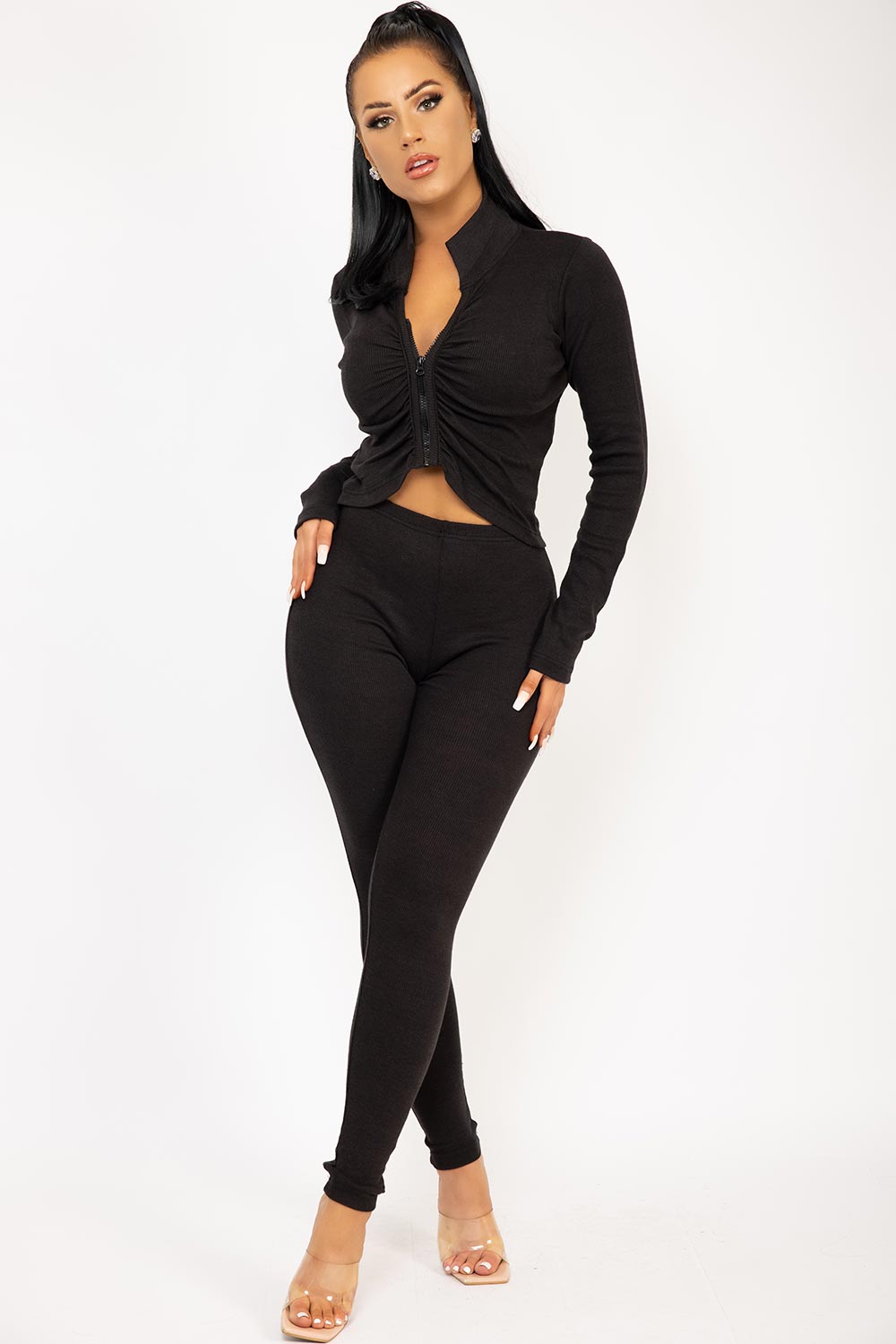 ribbed ruched zip front co ord set black
