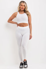 white ribbed leggings and crop top co ord set