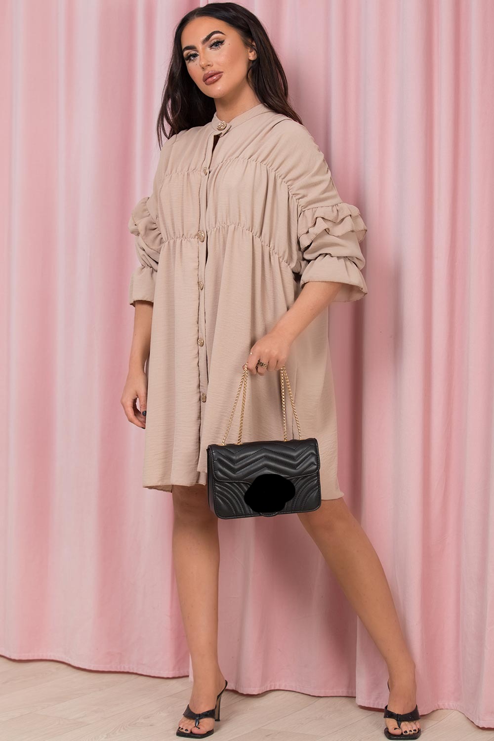 ruched front frill sleeve smock dress stone