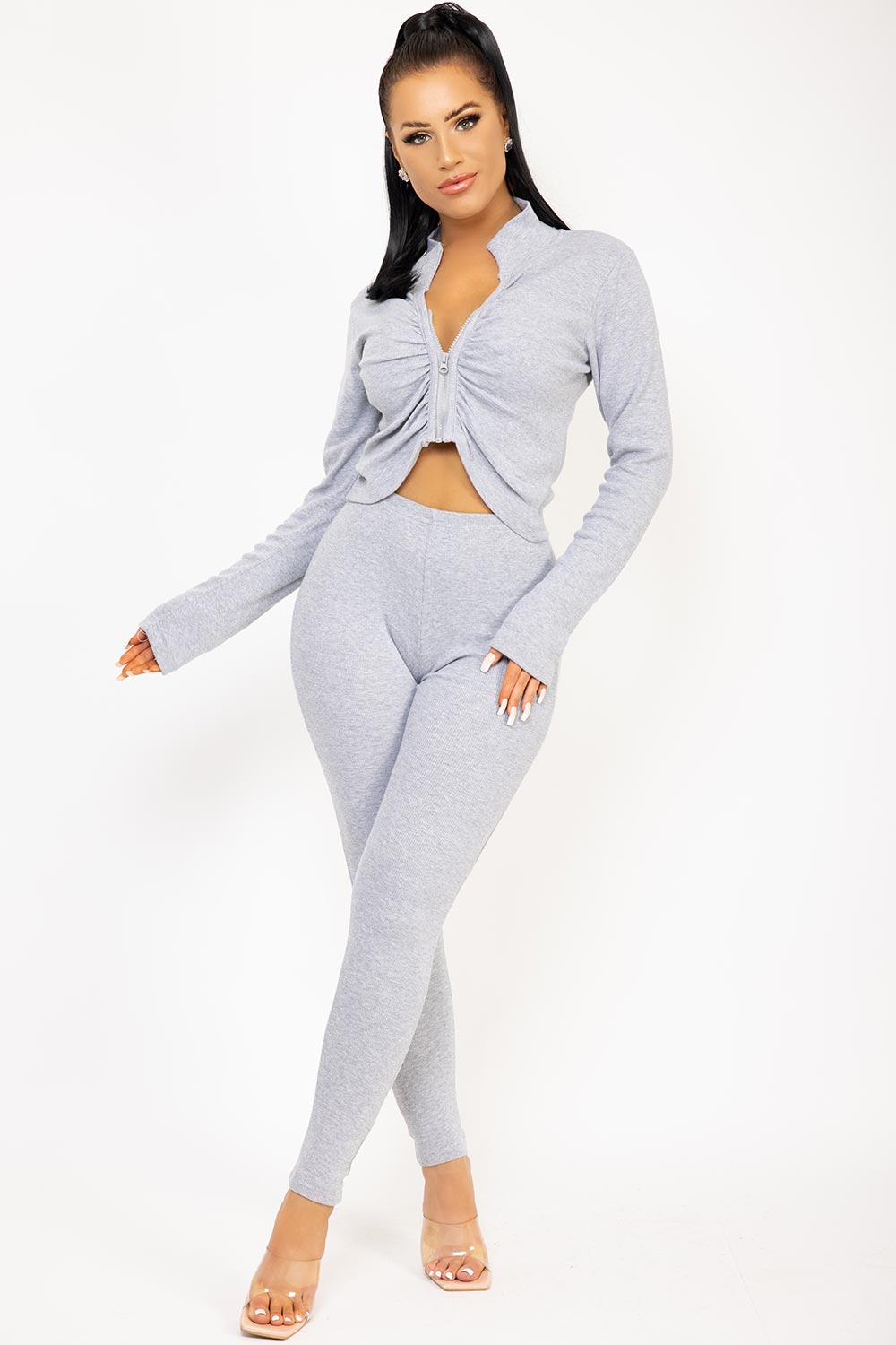 grey ruched zip front ribbed set 