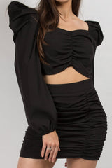 long sleeve crop top and mini skirt set black 