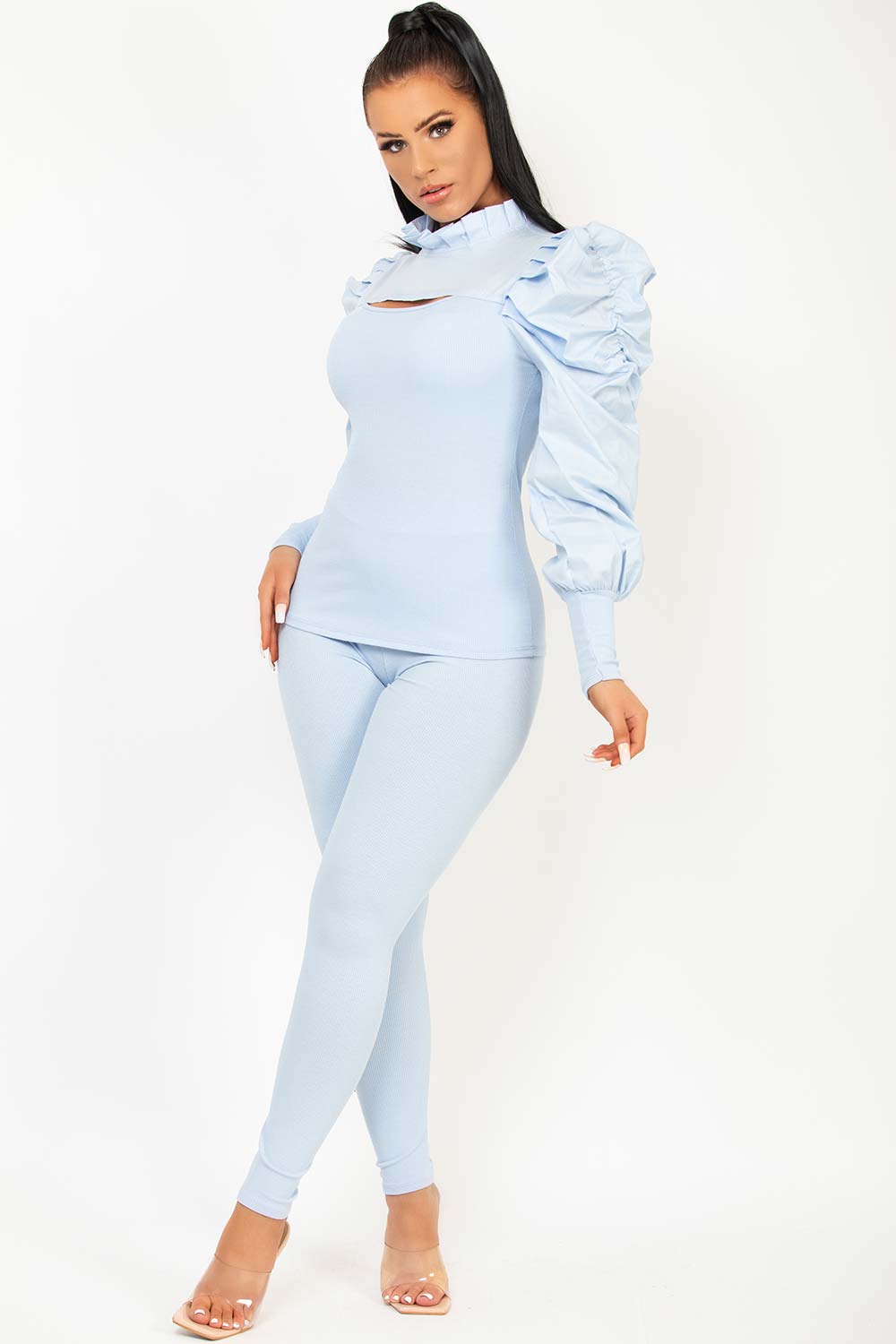 puff sleeve ruched ribbed loungewear set