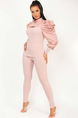 ribbed loungewear set with ruched puff sleeves