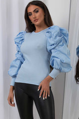womens sky blue long ruched puff sleeve ribbed top uk