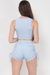 ruched side shorts and crop top two piece set blue