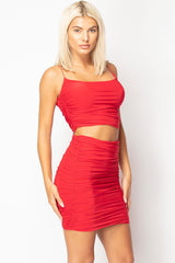 red ruched slinky skirt and top co ord set 