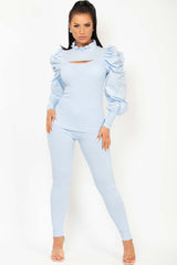 ruched ribbed puff sleeve loungewear set