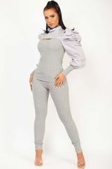 grey ribbed puff sleeve cut out lounge wear set