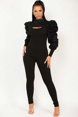 black loungewear set with ruched puff sleeves