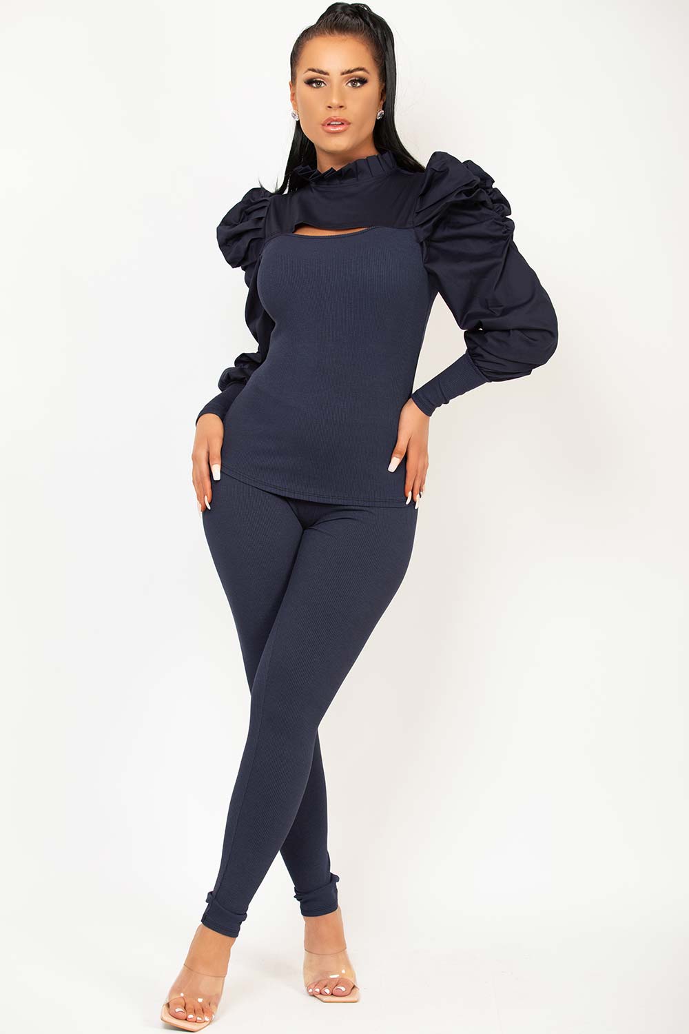 navy ruched cut out front loungewear set
