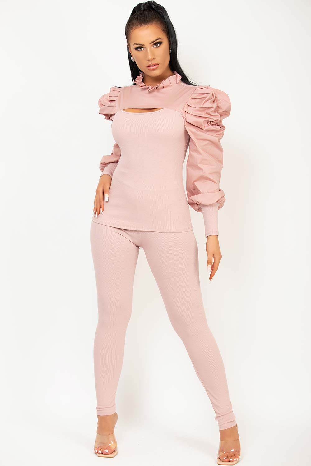 puff sleeve cut out front ribbed two piece lounge set