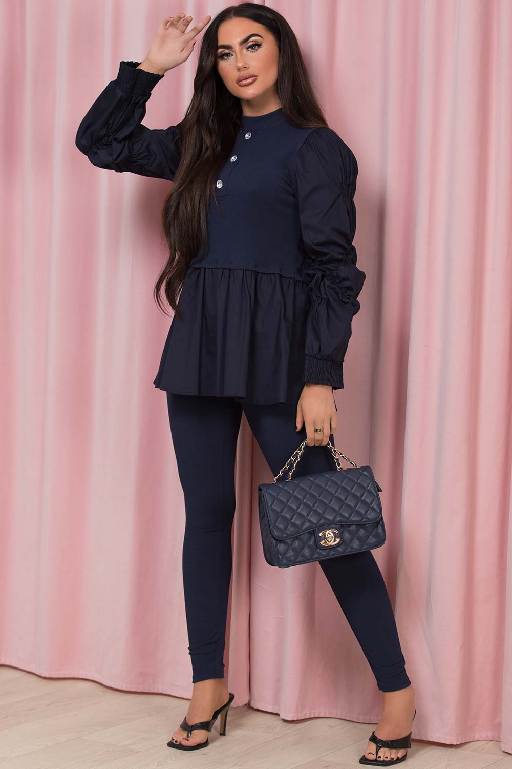 peplum ribbed ruched sleeve two piece lounge set navy