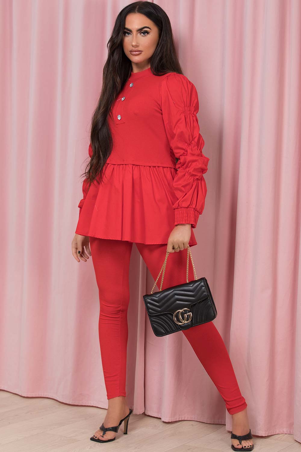 red peplum ruched sleeve jumper ribbed leggings two piece co ord set