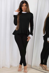 ribbed frill peplum long sleeve top and leggings co ord set