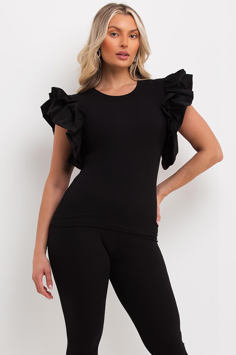 ruffle frill sleeve top and leggings co ord set