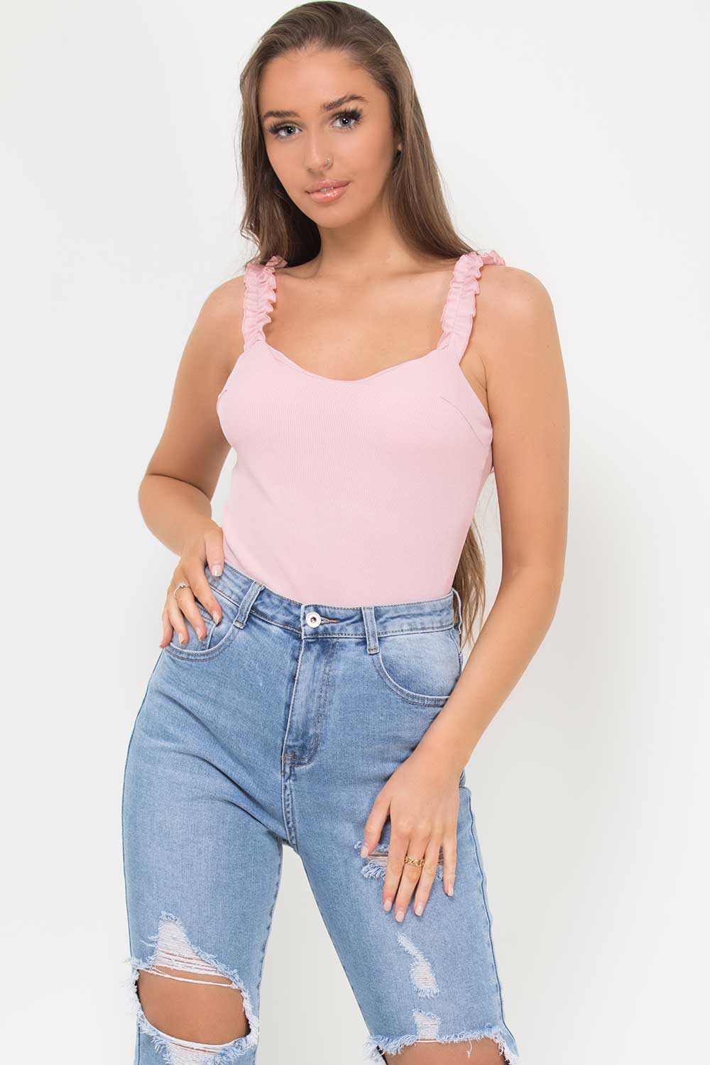 Ruffle Strap Ribbed Bodysuit Top Pink –
