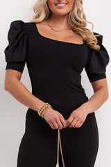 satin puff sleeve ribbed top and trousers co ord set uk