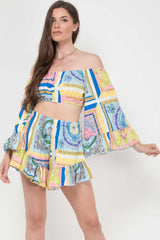 scarf print shorts bell sleeve crop top co ord set