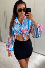scarf print knot front shirt blouse pink blue 