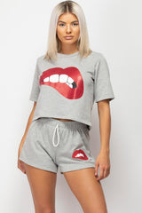 sequin lips crop top and shorts set 