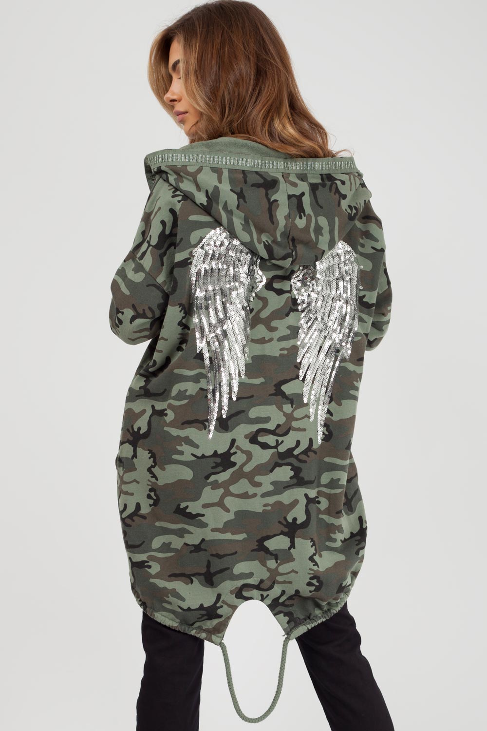 sequin wings camouflage oversized hoodie