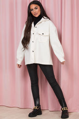 womens cream shacket with front pockets
