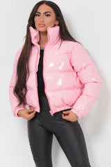 pink crop shiny puffer jacket