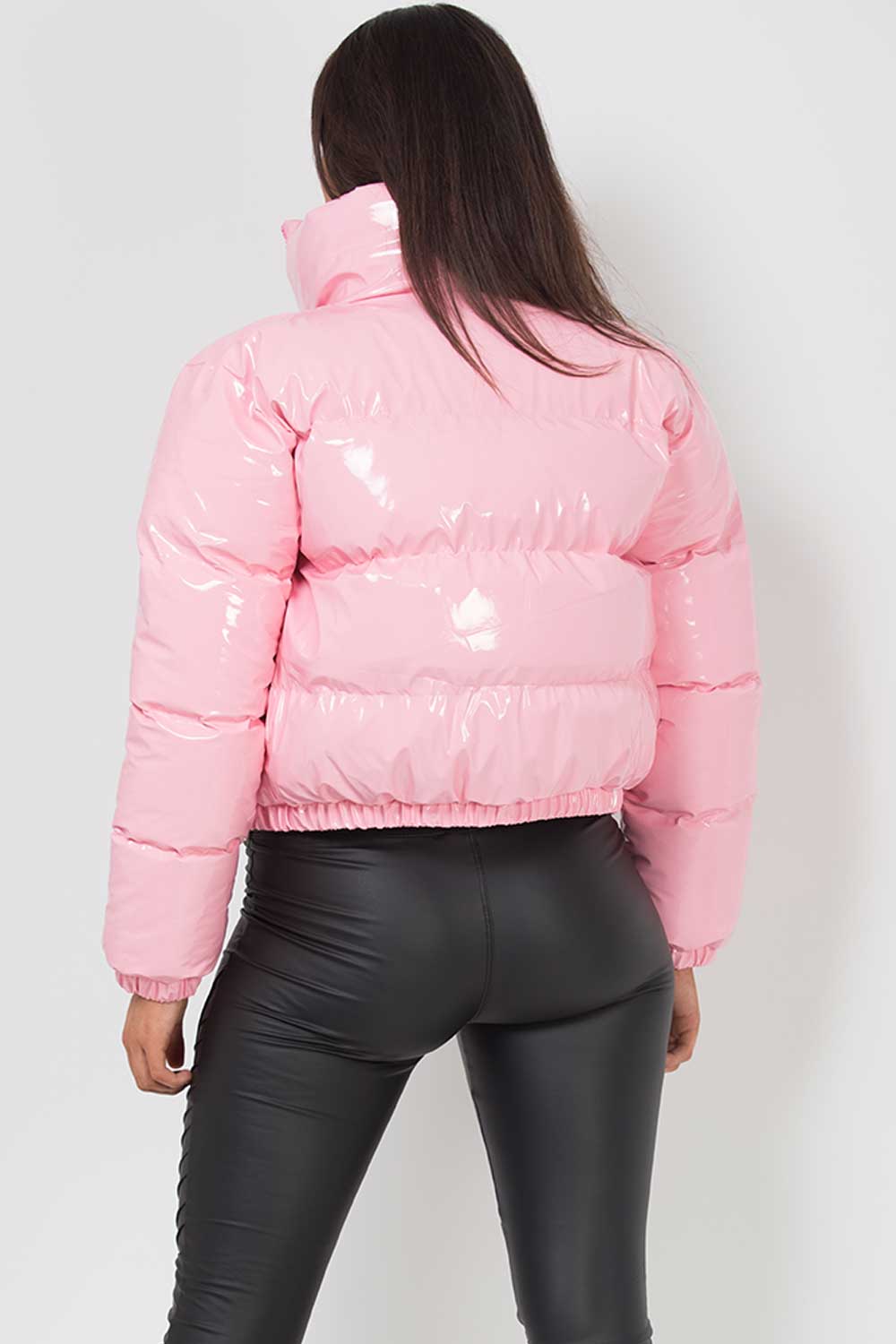 shiny cropped puffer coat pink 