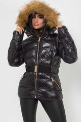 black faux fur hood shiny puffer jacket with belt
