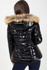black wetlook puffer coat 