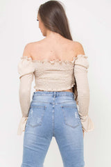 shirred ruched front flute sleeve crop top stone