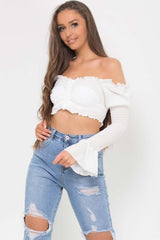 shirred ruched long sleeve crop top white