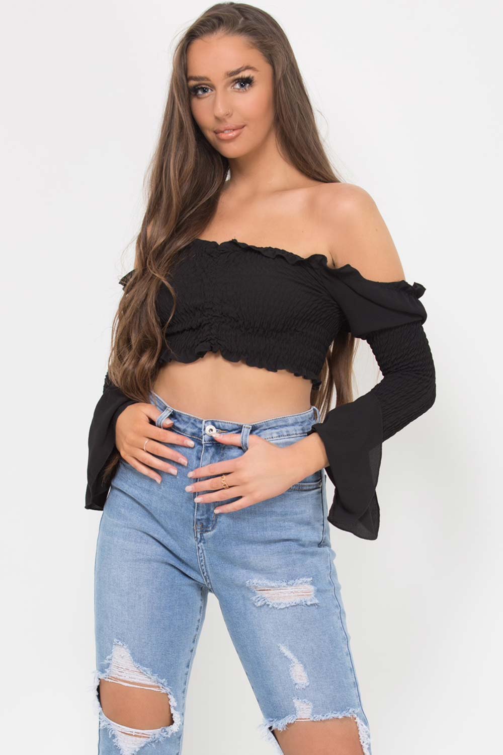 black ruched front long sleeve crop top