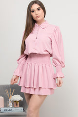 pink high waisted skirt and blouse set 