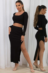 ribbed crop top and maxi skirt co ord set black