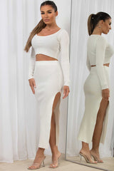 ribbed long sleeve crop top and side split maxi skirt co ord set