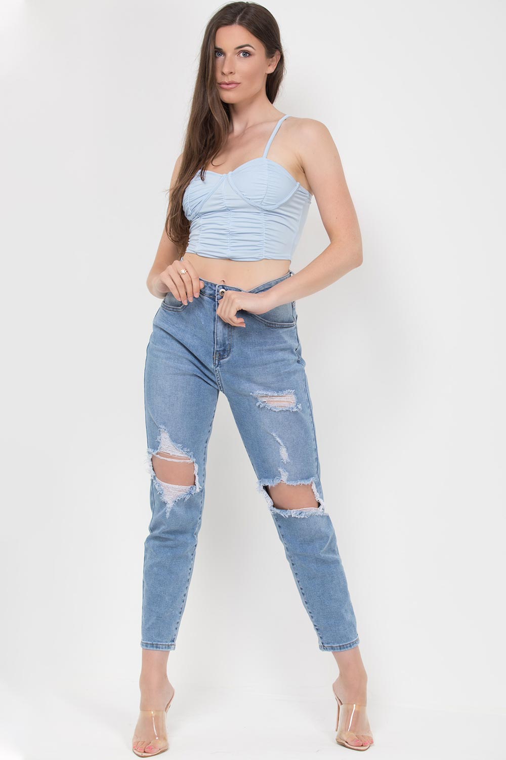 cupped ruched crop top sky blue